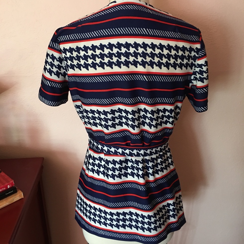 VTG 60 70 MOD Tie Waist Top Red Blue Stripes - Picture 3 of 16